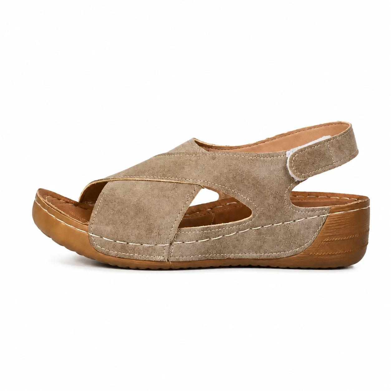 Light brown women's walking sandals with slingback strap, side studio view