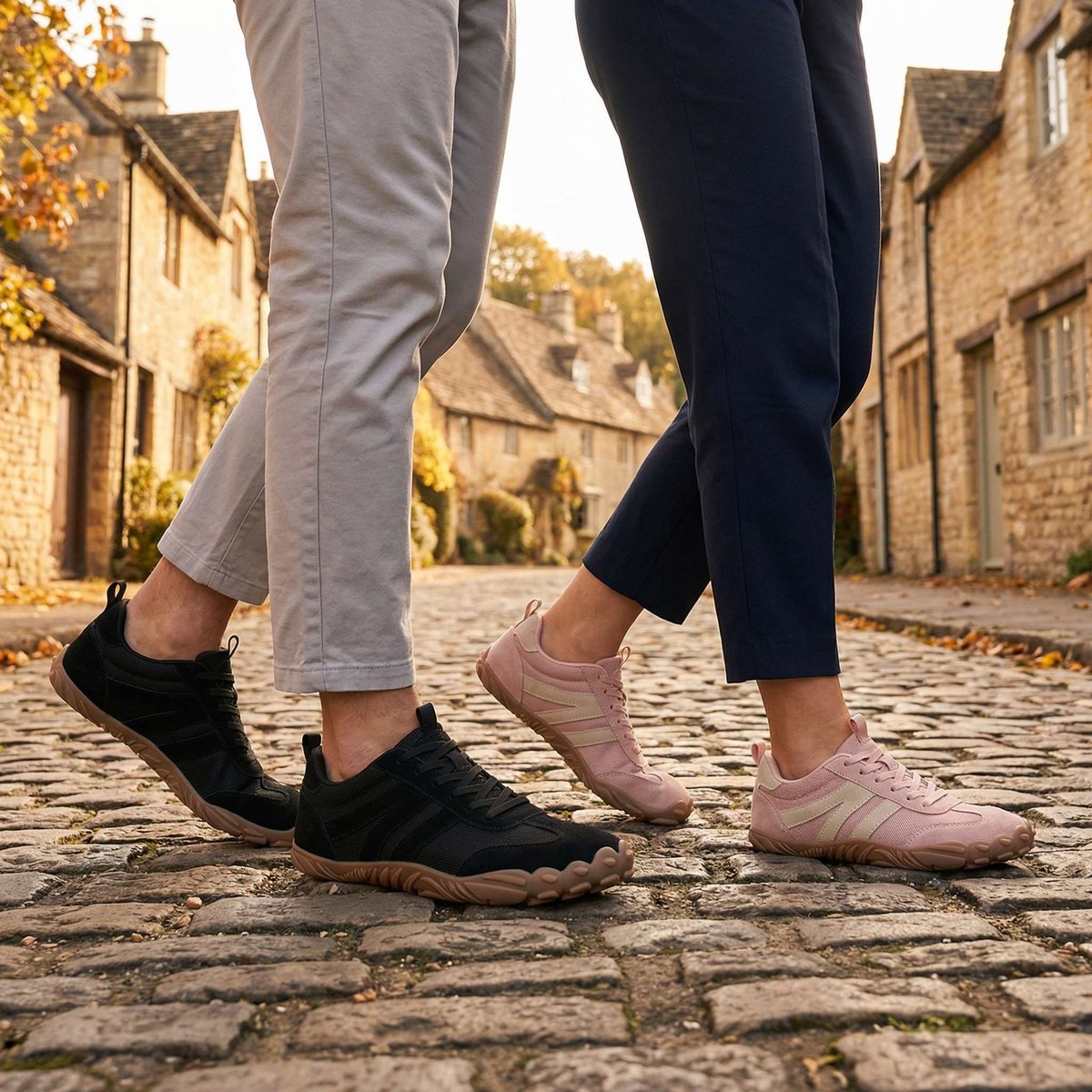 Unisex wide fit, zero drop, cushioned comfort trainers with breathable upper and non slip grip