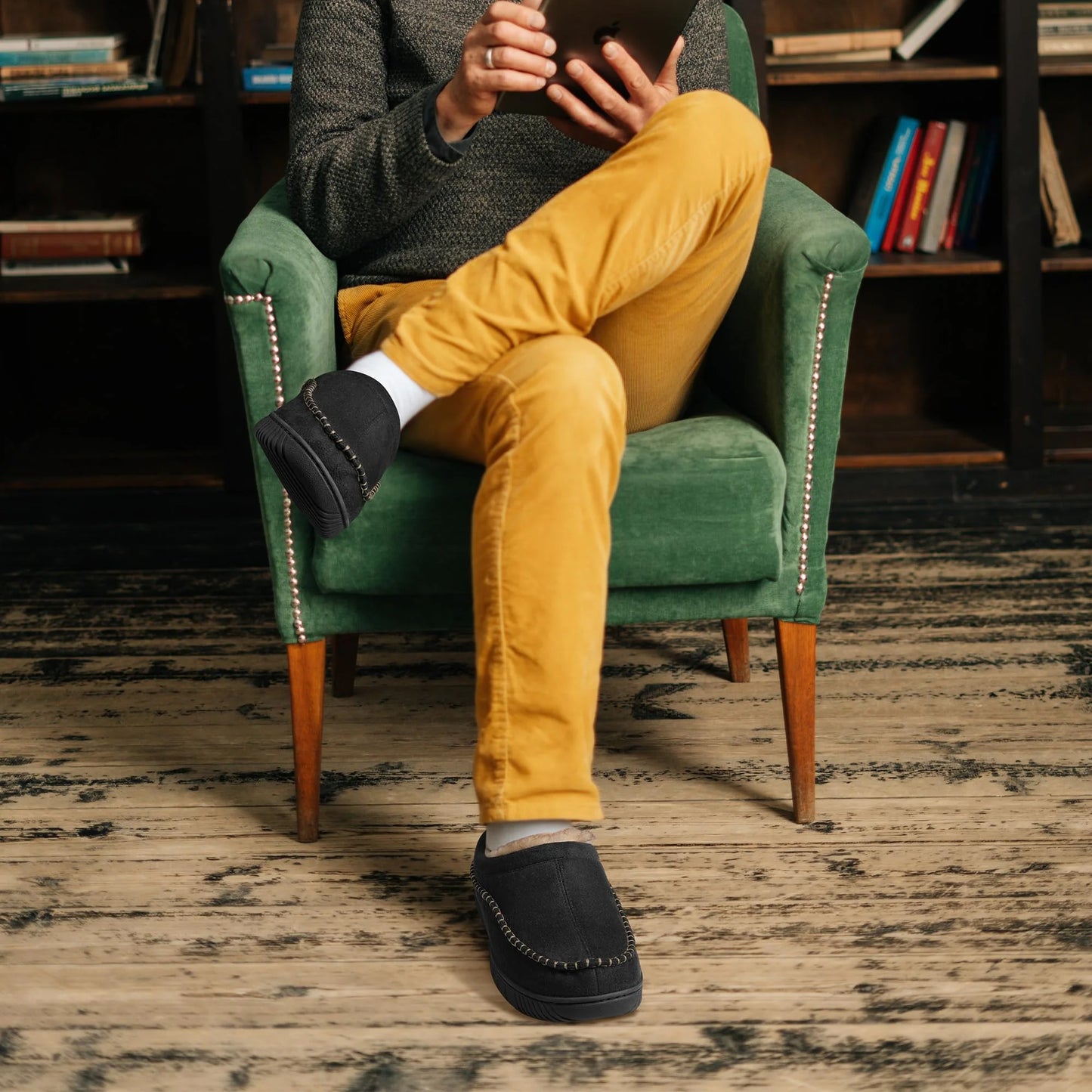 Men's house slippers shown on foot