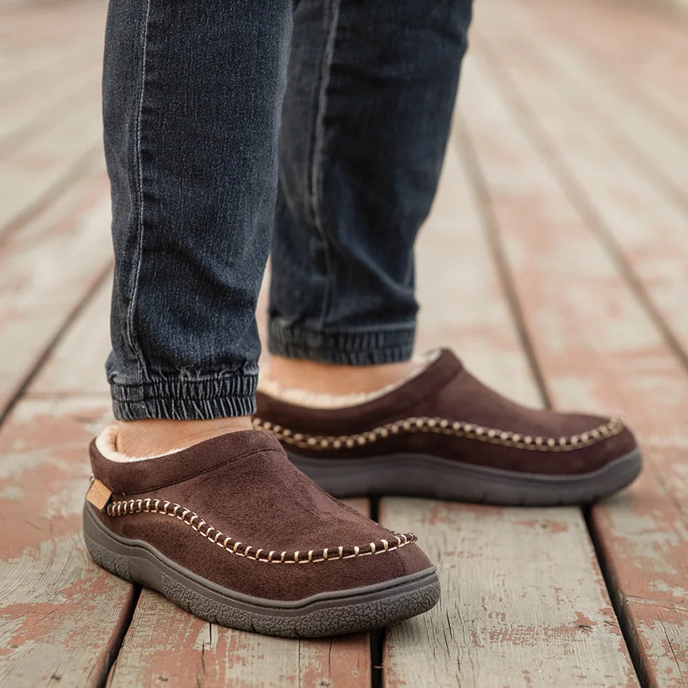 Men's house slippers shown on foot