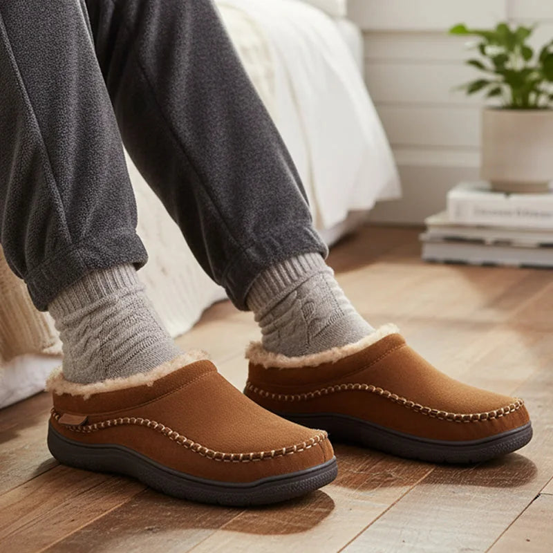 Men's house slippers shown on foot