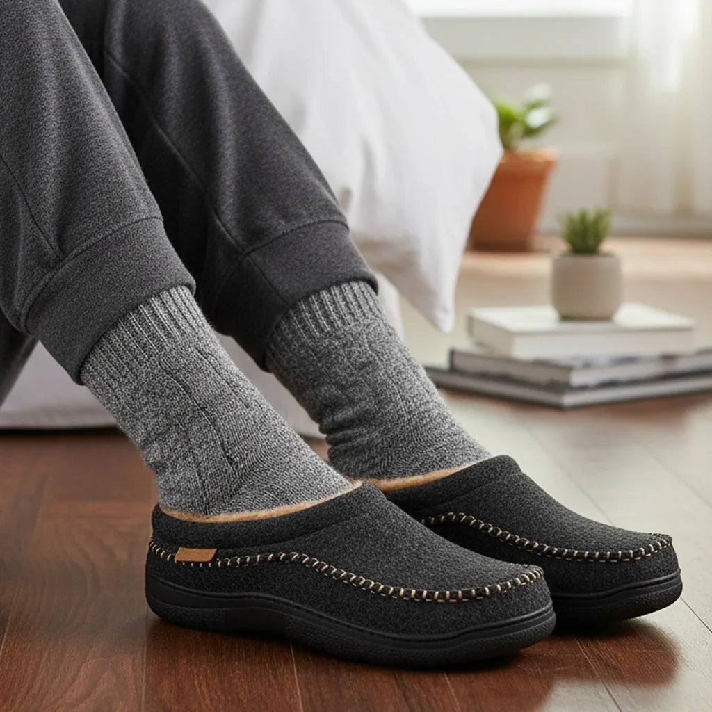 Men's house slippers shown on foot