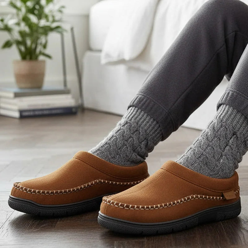 Men's house slippers shown on foot