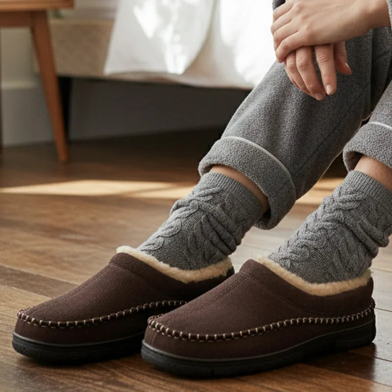 Men's house slippers shown on foot
