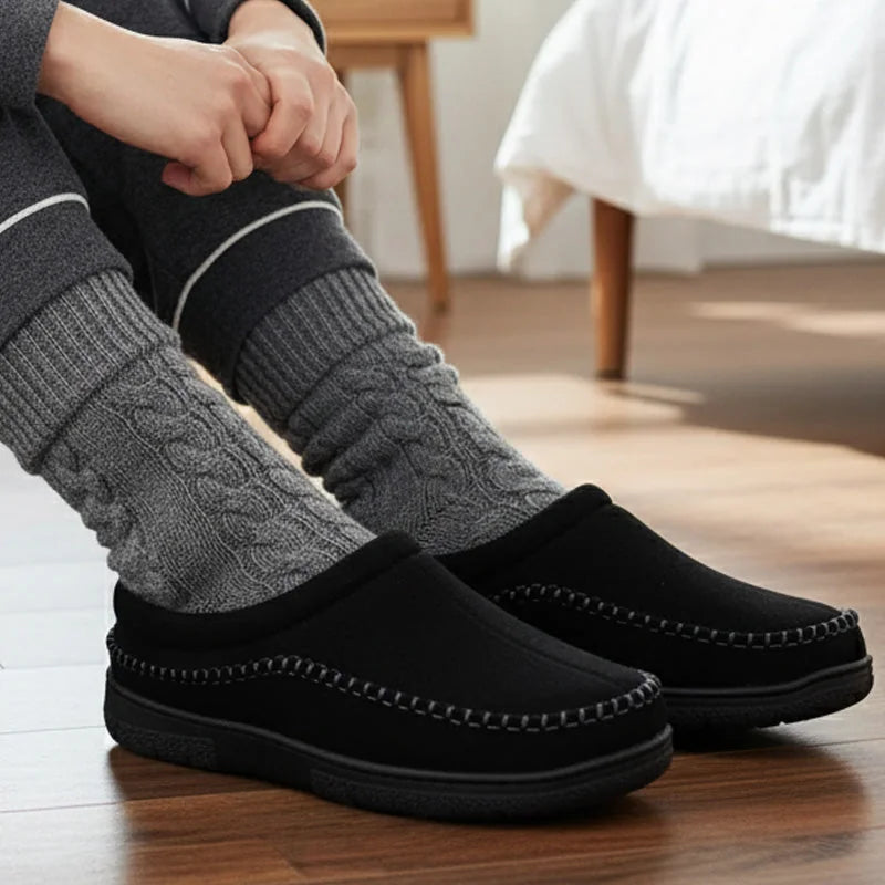 Men's house slippers shown on foot