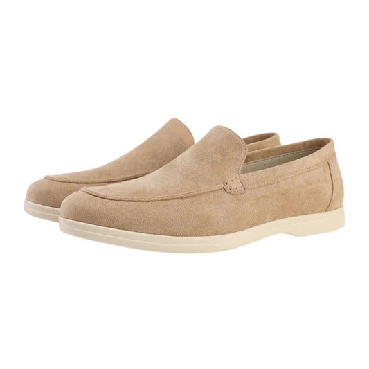 Men's wide fit loafers in beige, isolated side studio view