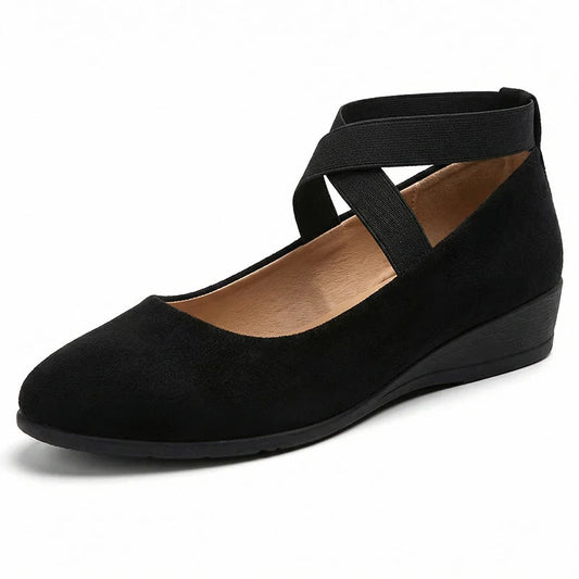 Black Mary Jane flats for women with cross straps, side studio view