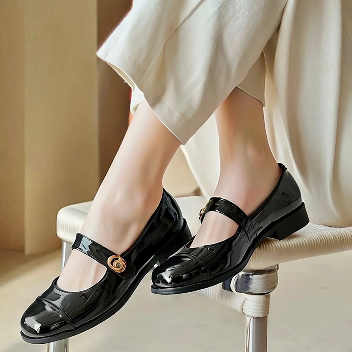 Women's Mary Jane shoes shown on foot