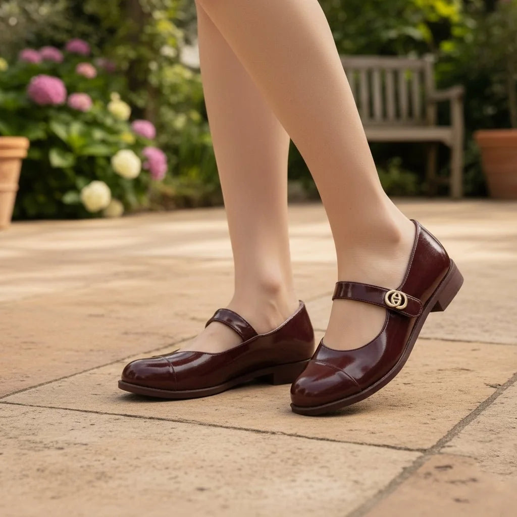 Women's Mary Jane shoes shown on foot