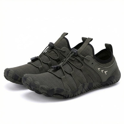 Jet black barefoot walking shoes, paired studio view