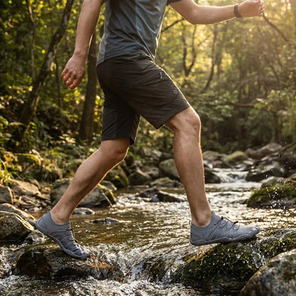 Grey barefoot walking shoes worn while crossing a shallow stream