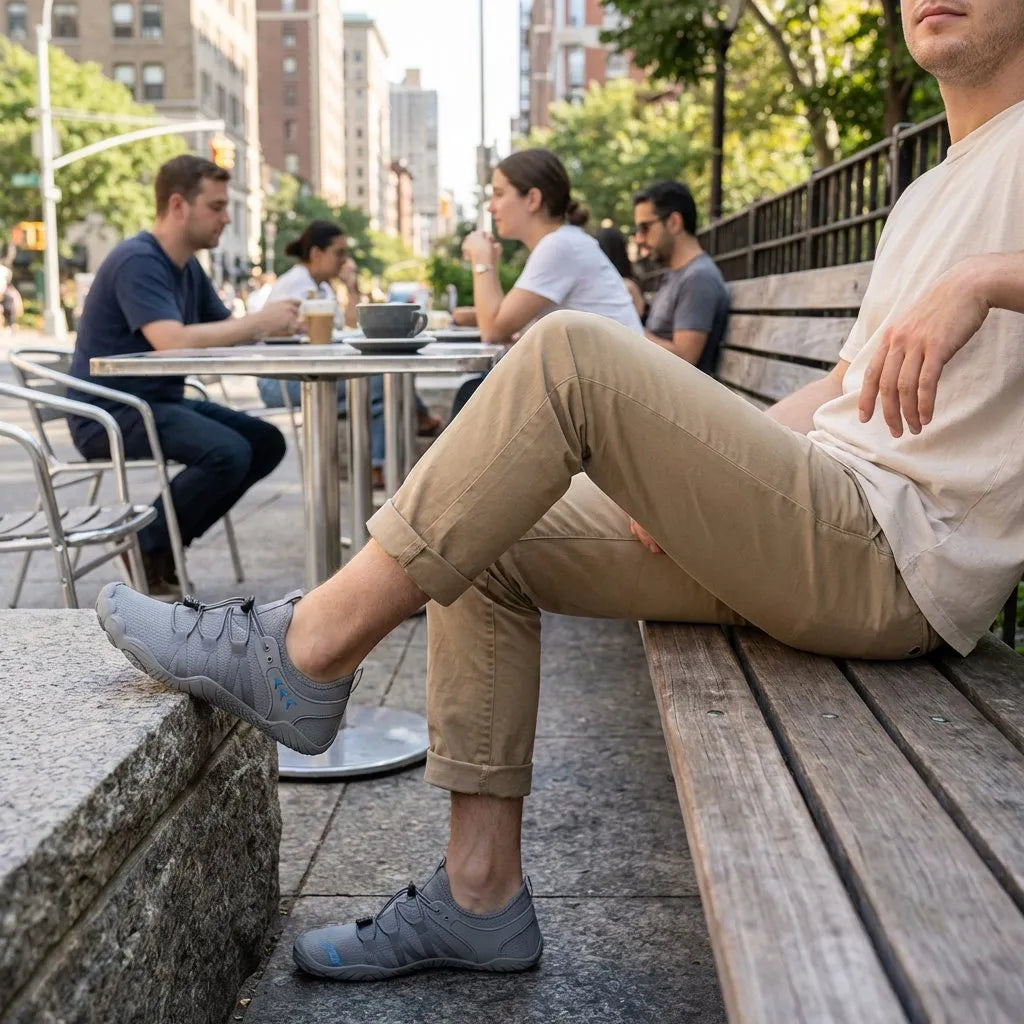 Grey walking shoes worn at an outdoor café, seated side view