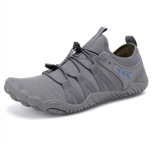 Grey barefoot walking shoes with quick-lace toggle, studio view