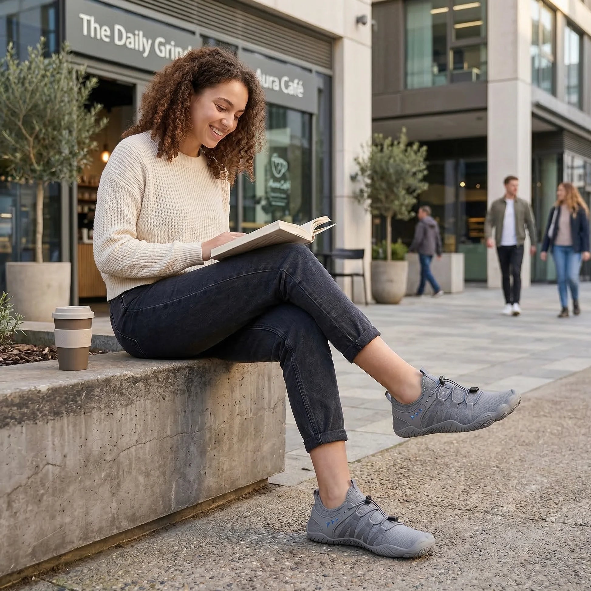 Grey walking shoes worn by a seated woman in a city setting