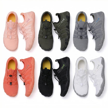 Colour options for wide toe box shoes in pink, green, grey, orange, black and white