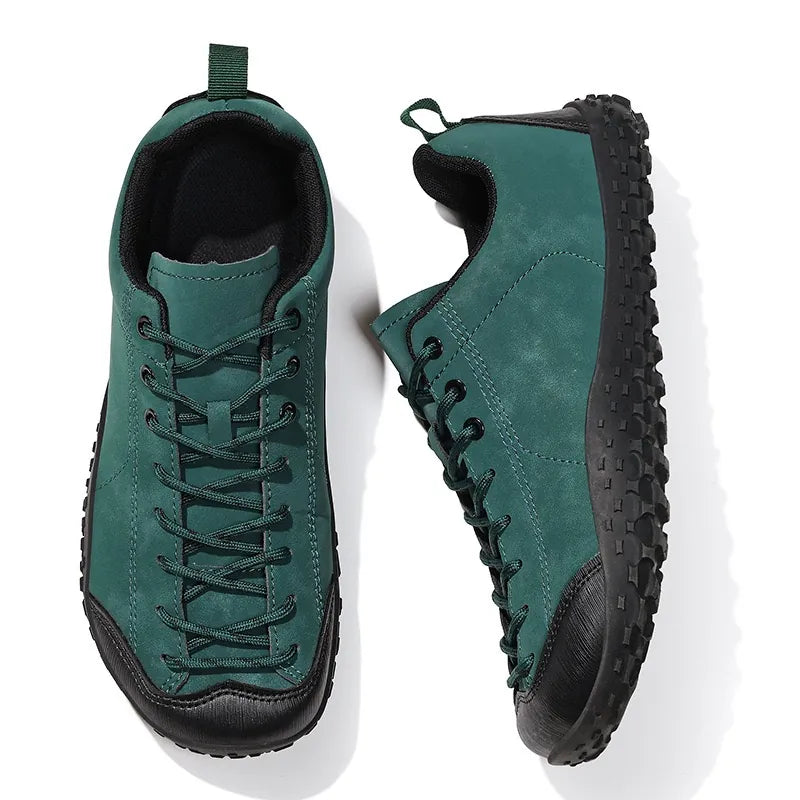 Pair of green wide toe walking trainers shown from above and the side