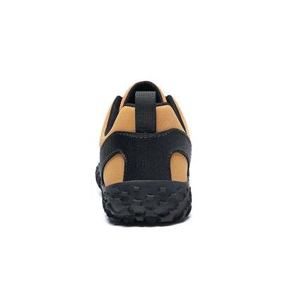 Tan wide toe walking trainer shown from the rear