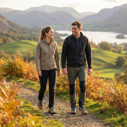 Couple wearing wide toe walking trainers on a countryside walk