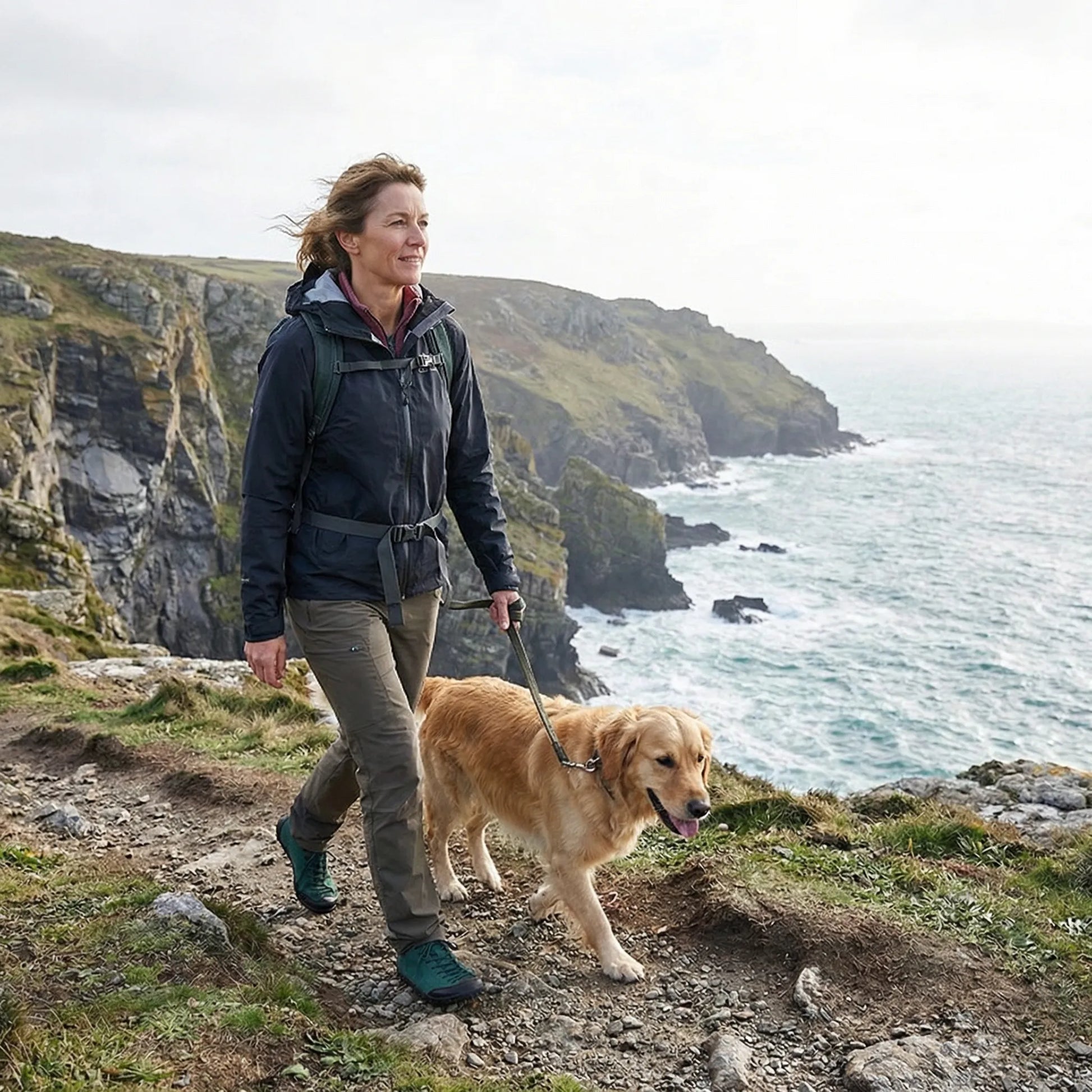 Woman wearing green wide toe walking trainers while walking a dog by the coast