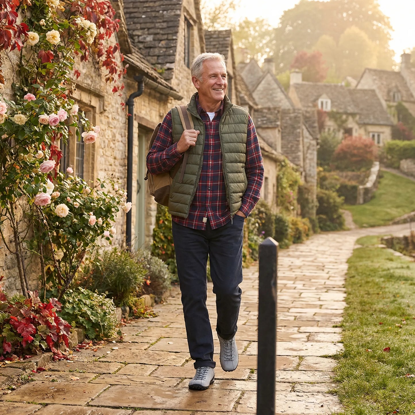 Man wearing grey wide toe walking trainers on a village path
