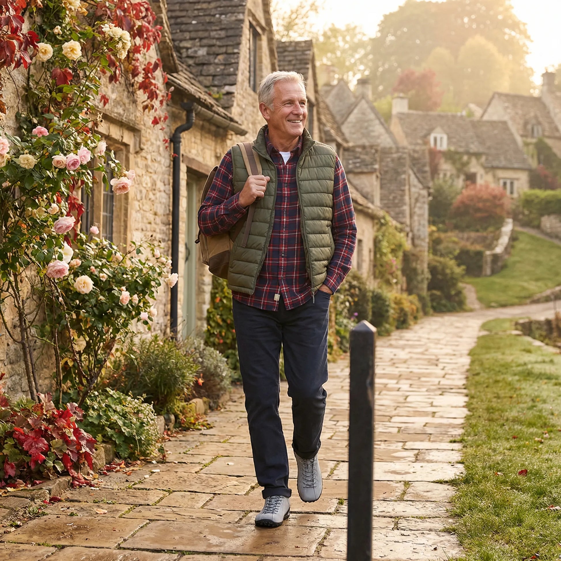 Man wearing grey wide toe walking trainers on a village path