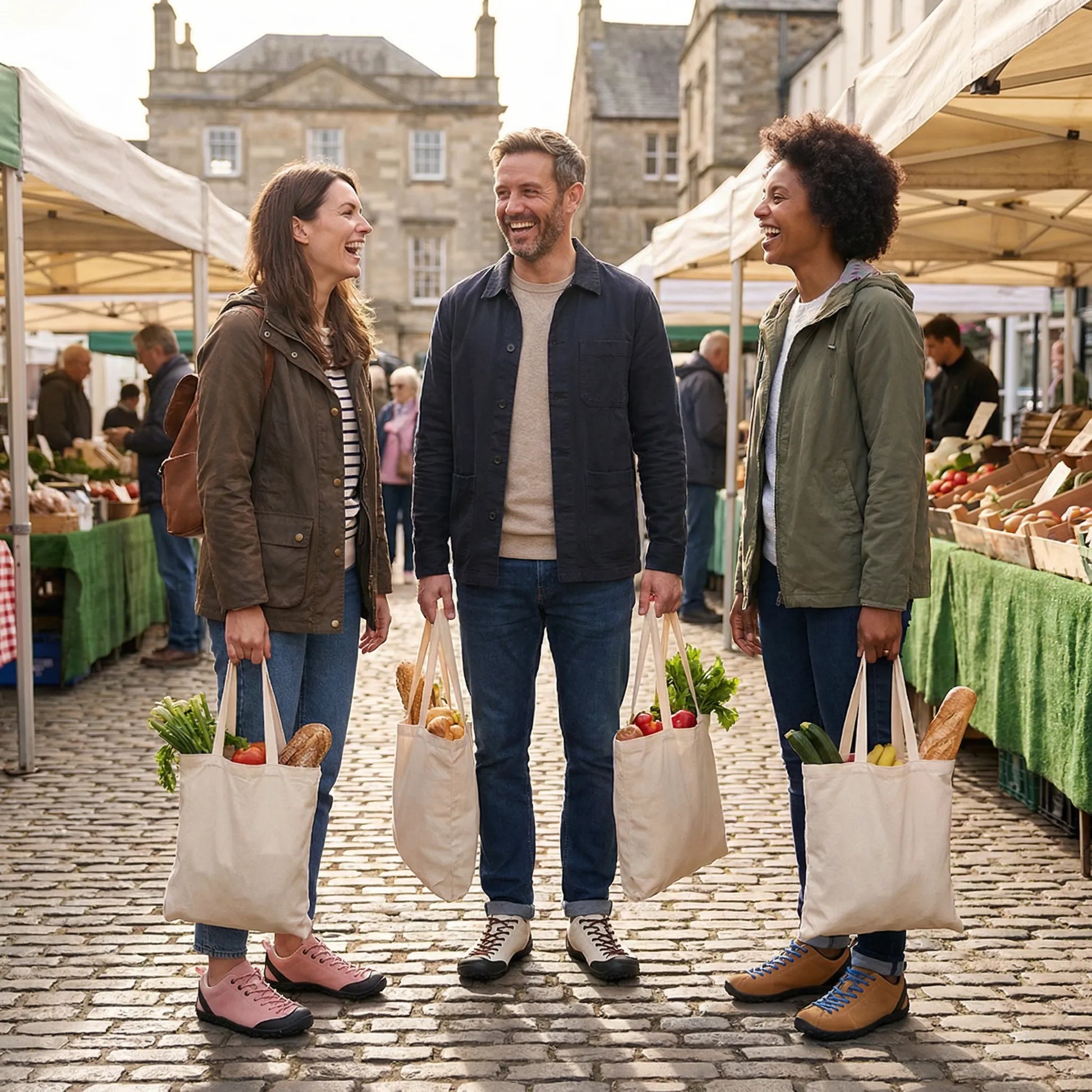 Three adults wearing wide toe walking trainers at an outdoor market
