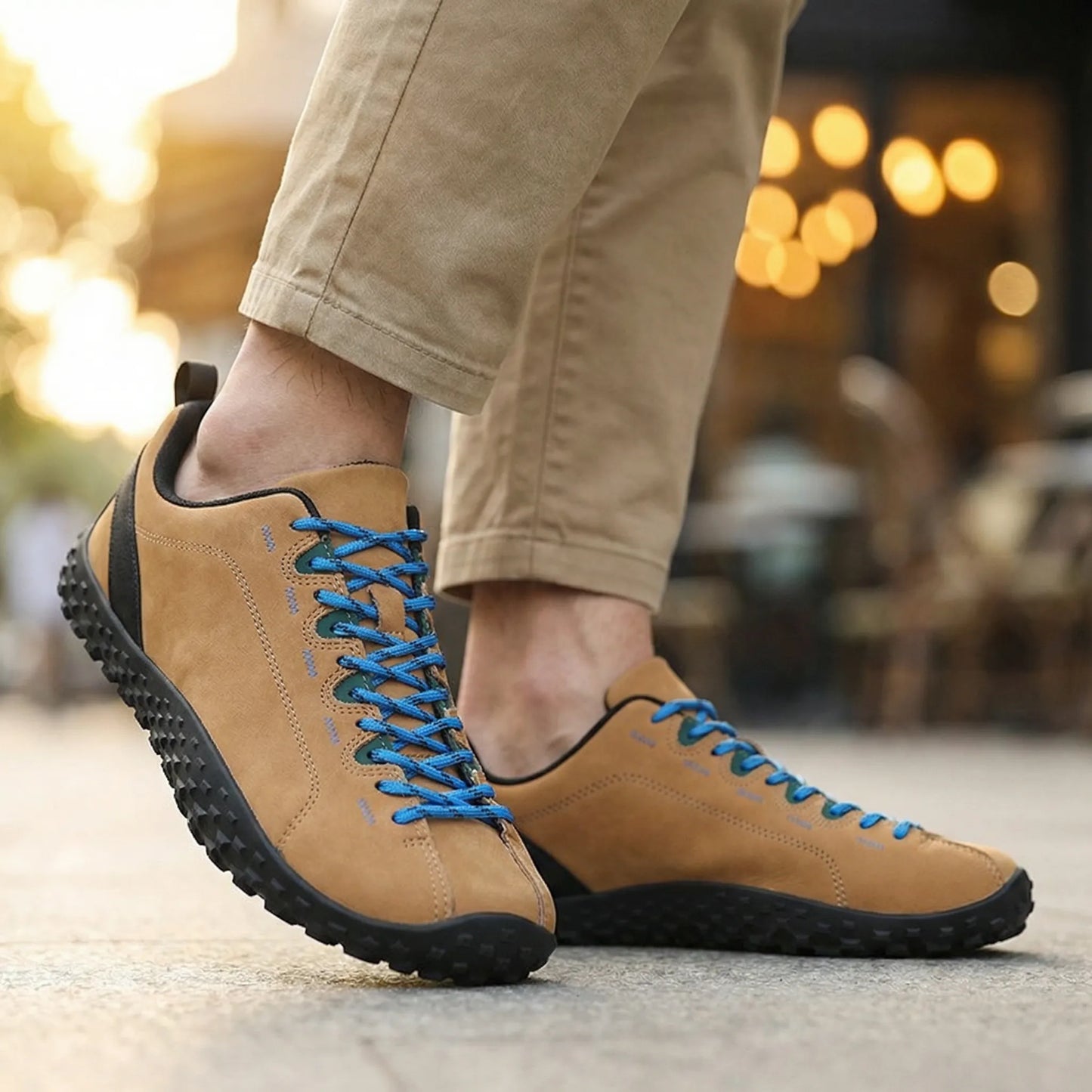 Tan wide toe walking trainers with blue laces worn from the side