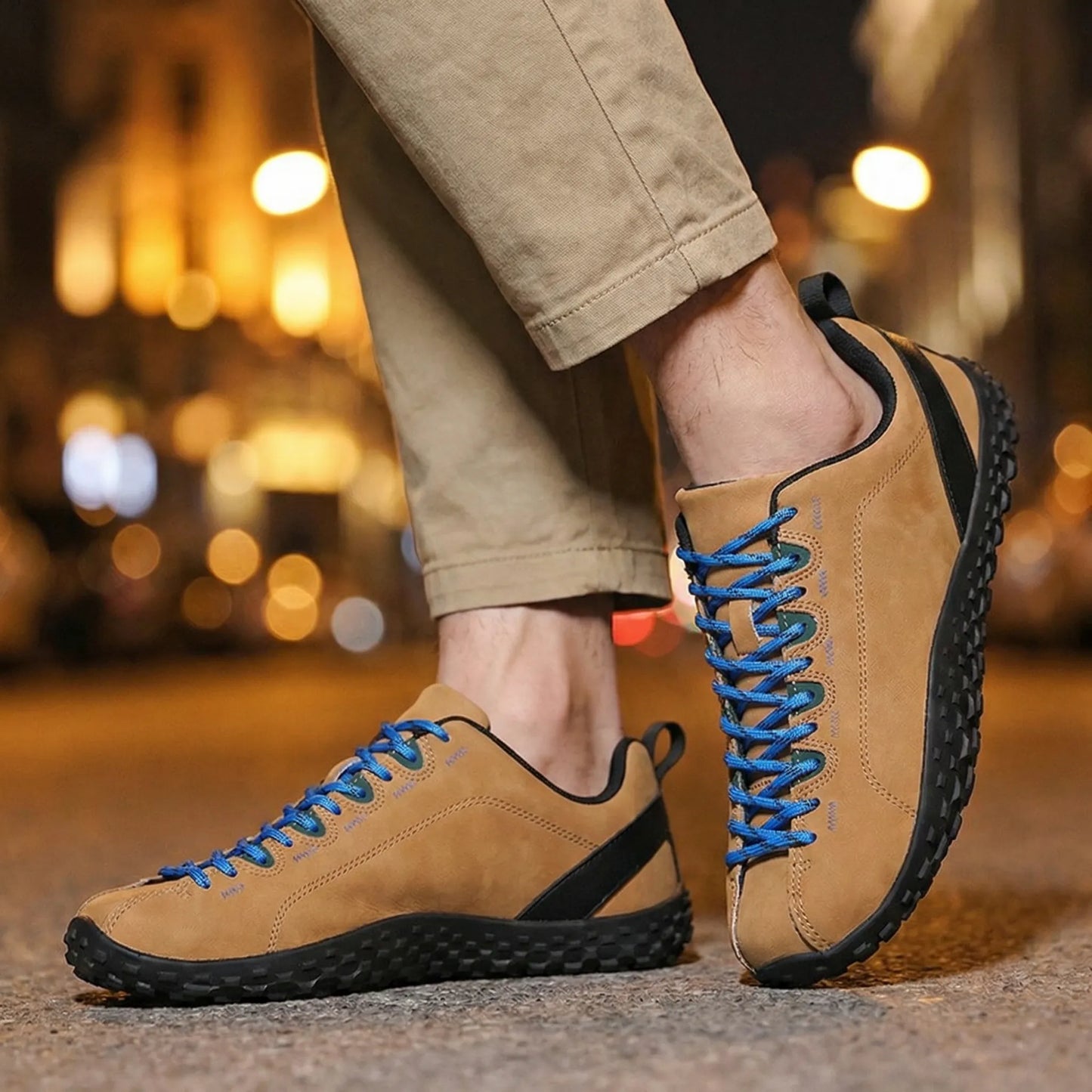 Tan wide toe walking trainers with blue laces worn from the front