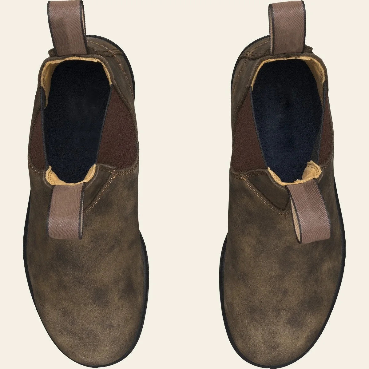 Brown Chelsea boots shown from above with elastic side panels