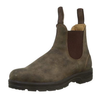 Brown Chelsea boot with elastic side panel, isolated studio view