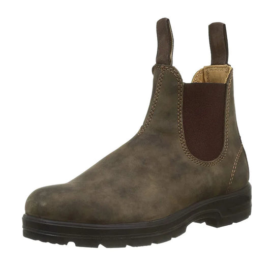 Brown Chelsea boot with elastic side panel, isolated studio view