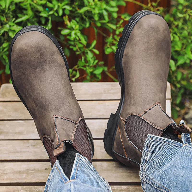 Brown Chelsea boots worn with jeans, top view
