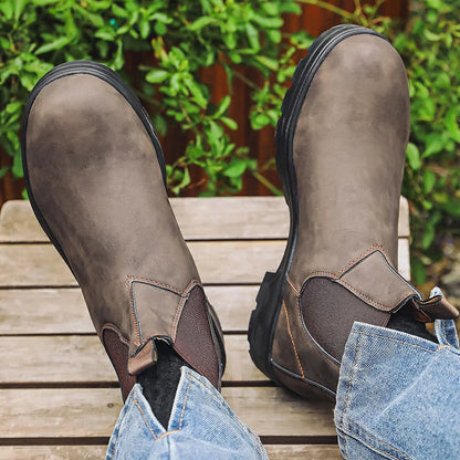 Brown Chelsea boots worn with jeans, top view
