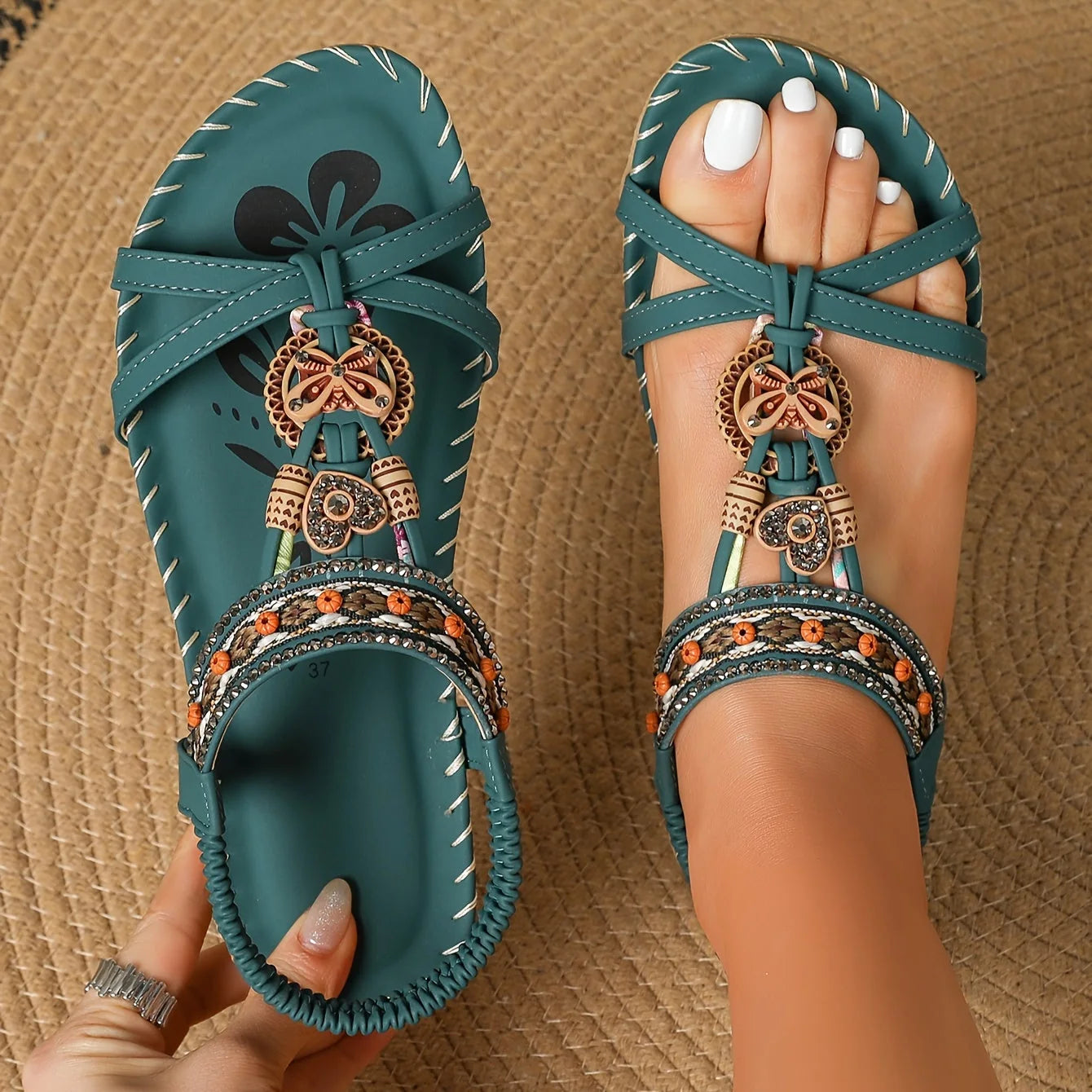 Women's wide fit flat sandals in Full Dark Green product view