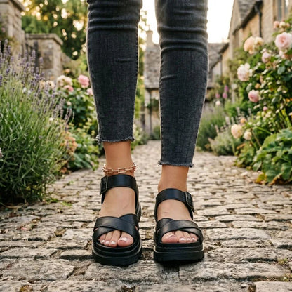 Women's black cross-strap walking sandals worn from the front