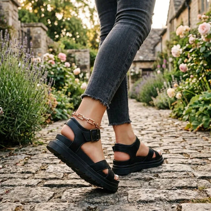 Women's black cross-strap walking sandals worn from the side