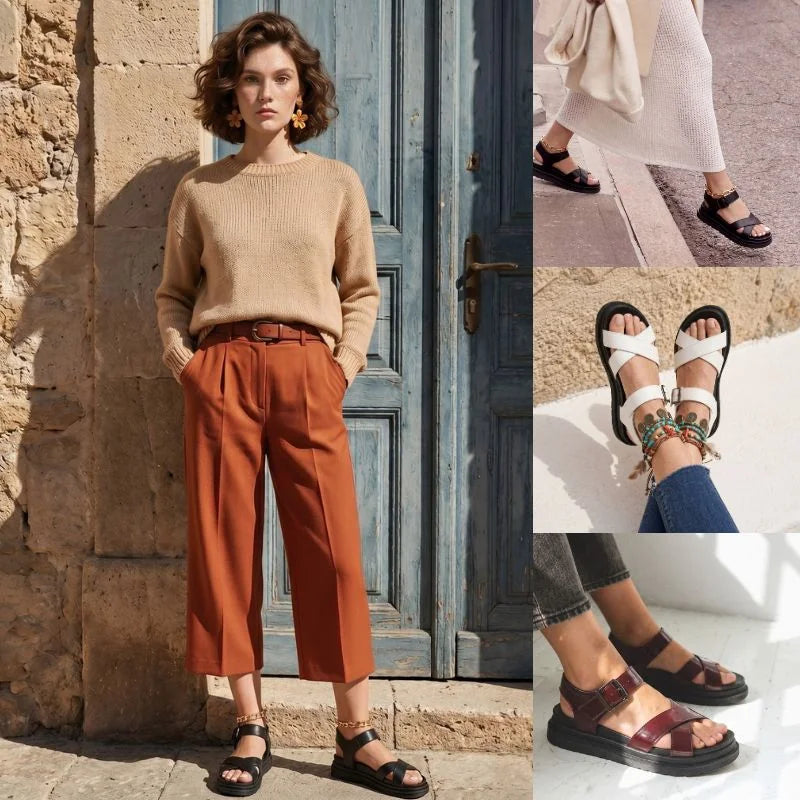 Lifestyle collage of women's cross-strap walking sandals in white, black and brown