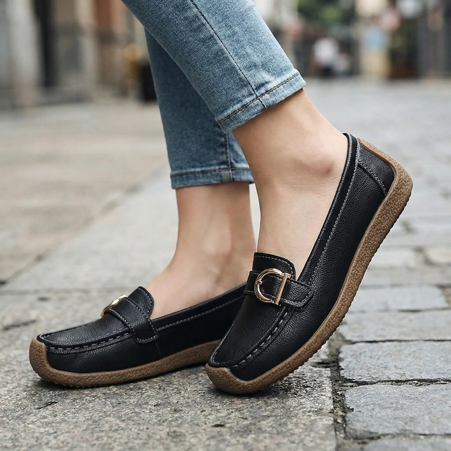 Women's loafers shown on foot