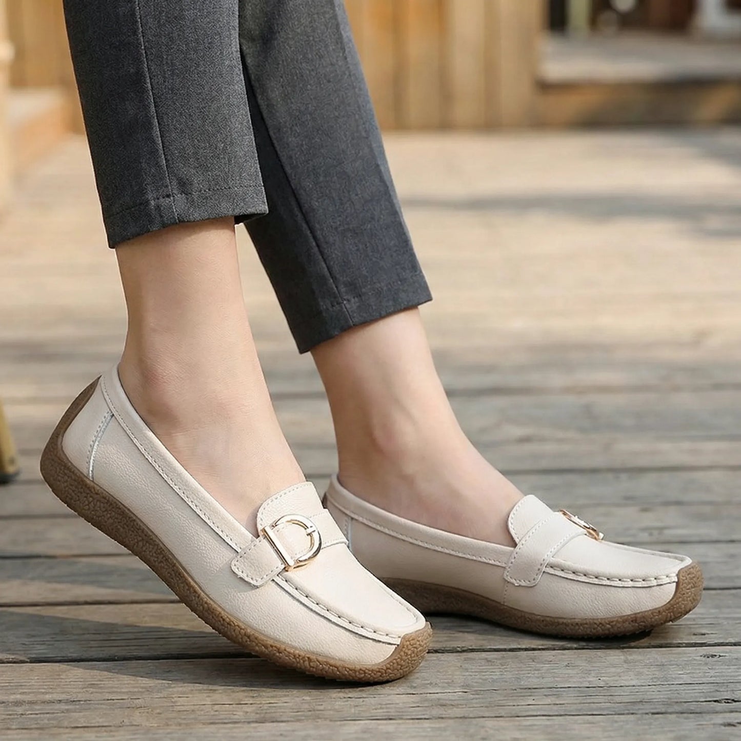 Women's loafers shown on foot