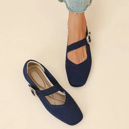 Women's navy square toe Mary Jane flats shown from above