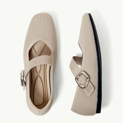 Pair of beige square toe Mary Jane flats shown from above and the side