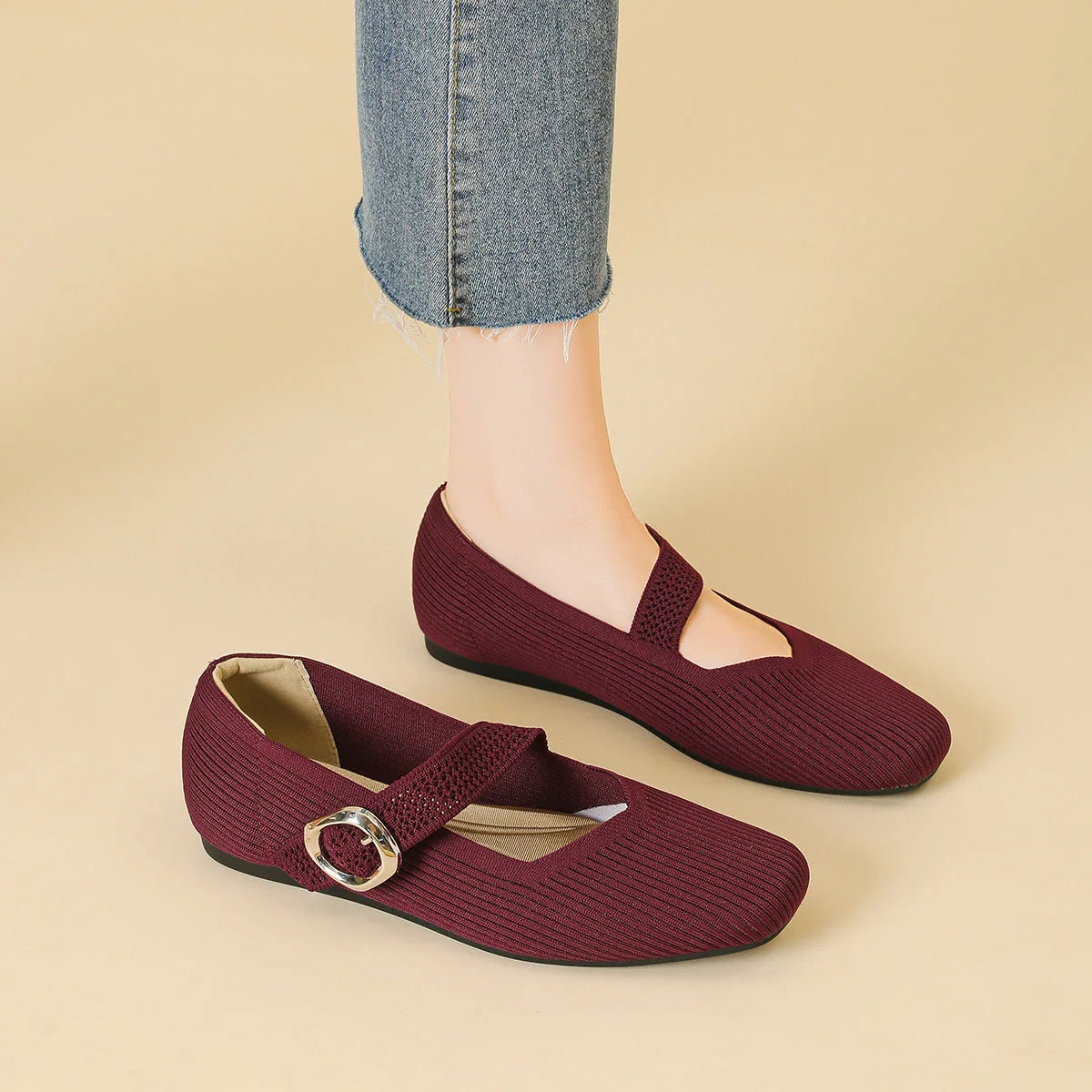 Women's burgundy square toe Mary Jane flats shown from above and on foot