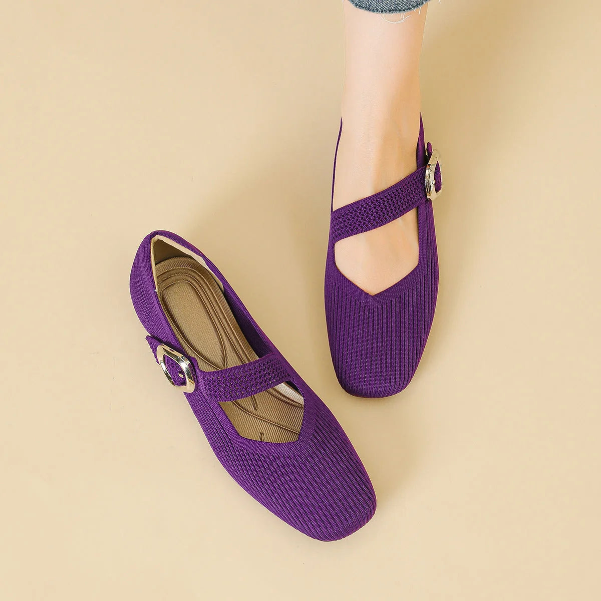 Women's purple square toe Mary Jane flats shown from above and on foot