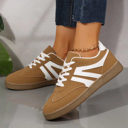 Brown wide fit trainers for women, side on-foot view
