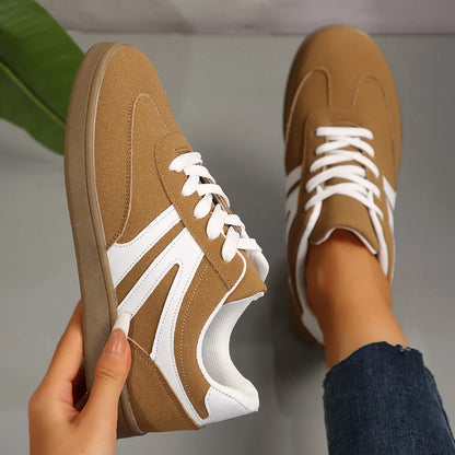 Brown retro trainers for women, top-down pair view