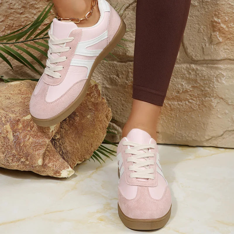 Pink walking trainers for women, front on-foot studio view