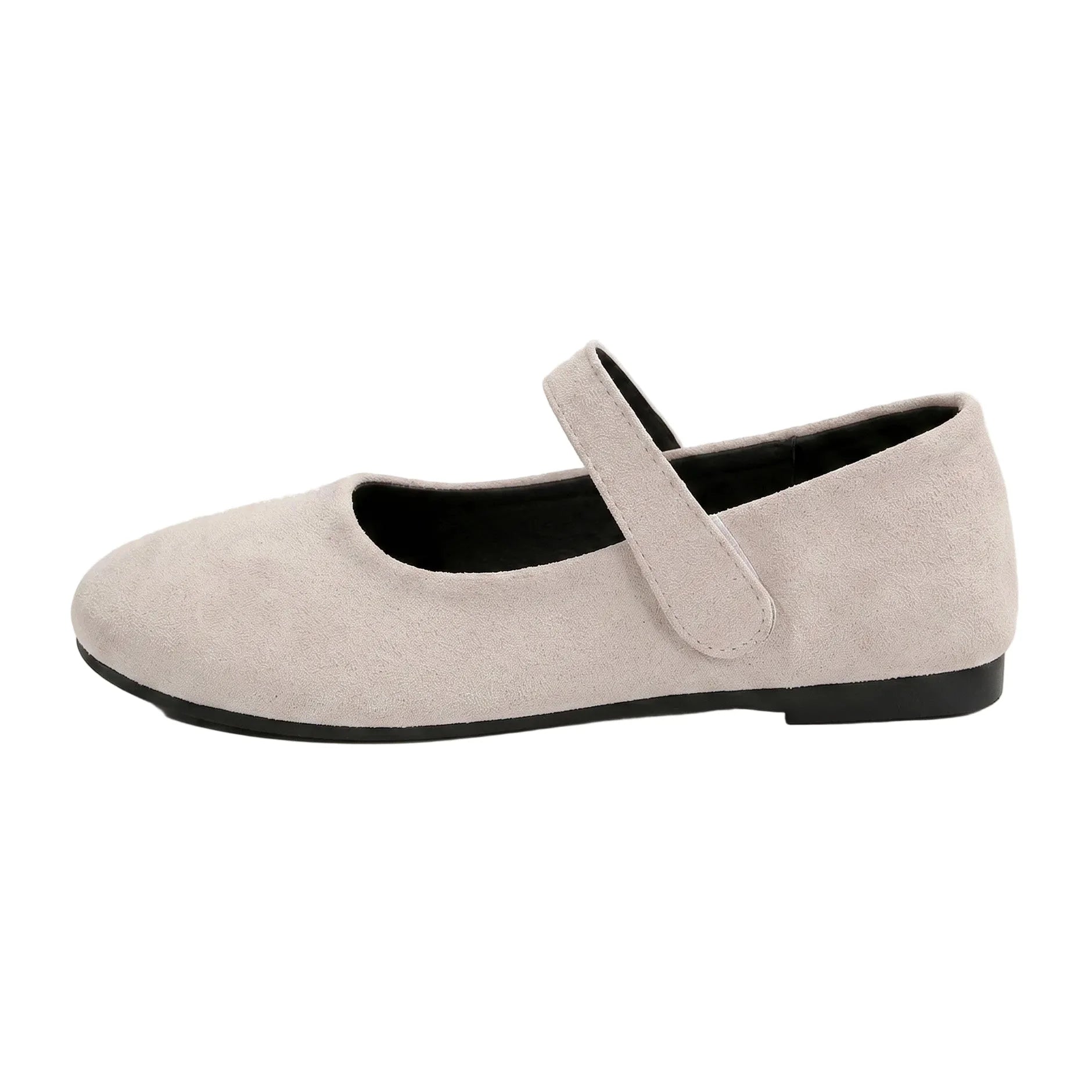 Women's taupe wide fit Mary Jane shoes, side profile on a white background