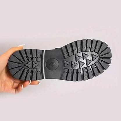 Black lug outsole close-up for women's platform loafers