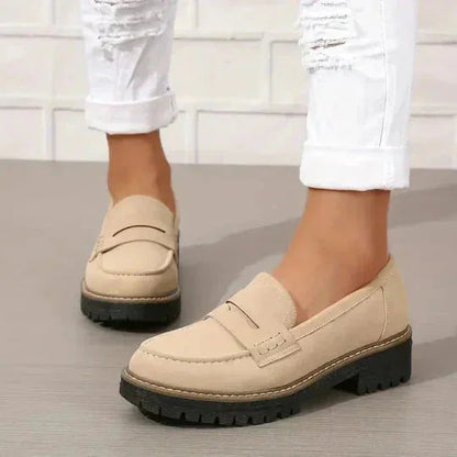 Beige platform loafers for women, on-foot front view