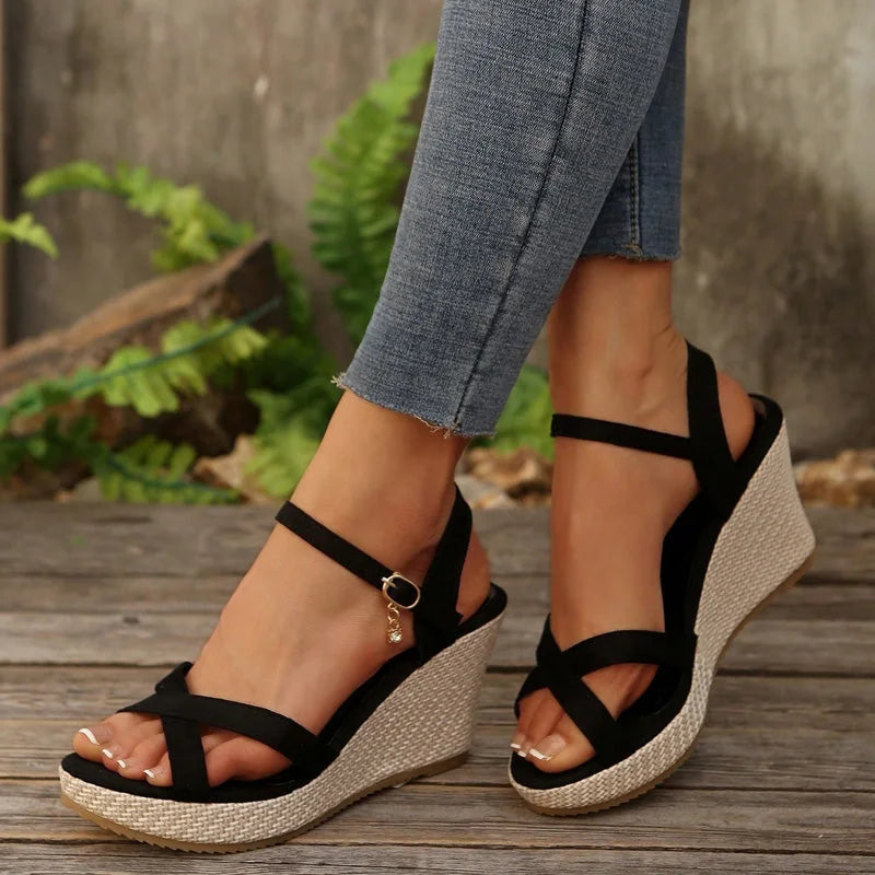 Women's espadrille sandals shown on foot